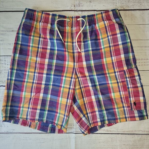 Polo Ralph Lauren Shorts Mens L Swim Trunks Multi Colored Plaid Draw String - Picture 10 of 16